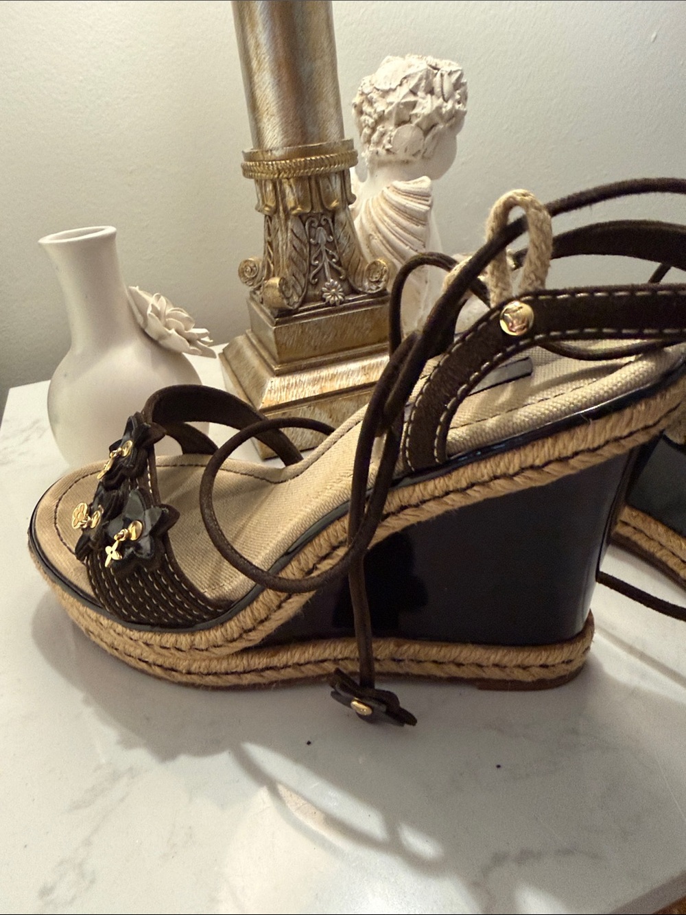 Women's Brown Espadrille Wedge Sandals with Floral Charms